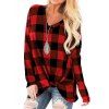 Plaid Print Twisted T Shirt Long Sleeve V Neck Casual Tee - RED M