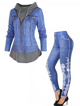 3D Print Faux Twinset Hooded T Shirt And Flower Faux Denim Jeggings Casual Outfit