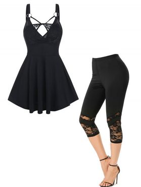 Floral Lace Insert Cut Out Tank Top And High Waisted Insert Capri Leggings Casual Outfit