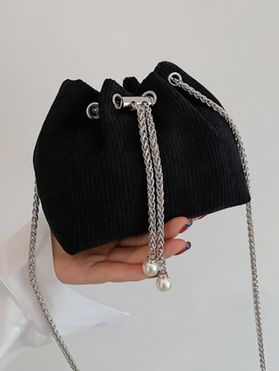 Artificial Pearl Adjustable Chain Corduroy Crossbody Bucket Bag