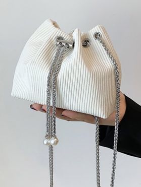 Artificial Pearl Adjustable Chain Corduroy Crossbody Bucket Bag
