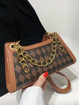 Rhombus Print Zipper Chain Shoulder Bag