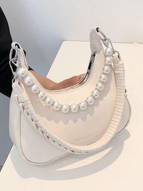Solid Color Faux Pearl Chain Zipper PU Handbag Crossbody Bag