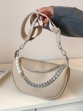 Chian Faux Pearl Solid Color Litchi Grain Embossed PU Handbag Crossbody Bag