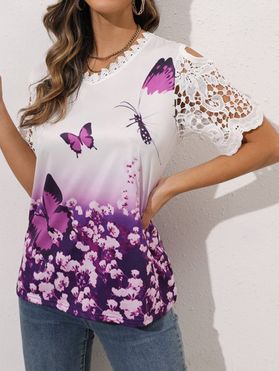 Butterfly Flower Print T Shirt Ombre T Shirt Lace Panel Cut Out Scalloped V Neck Tee