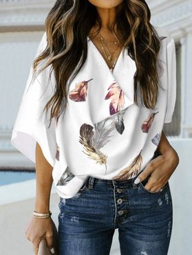 Feather Print Blouse Cowl Neck Loose Half Sleeve Blouse
