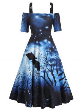 Halloween Bat Moon Night Print Midi Dress Cold Shoulder O Ring Strap High Waist Dress
