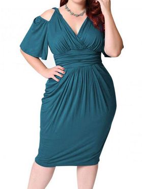 Plus Size Dress Solid Color Dress High Waisted Plunging Neck Ruched Midi Bodycon Dress