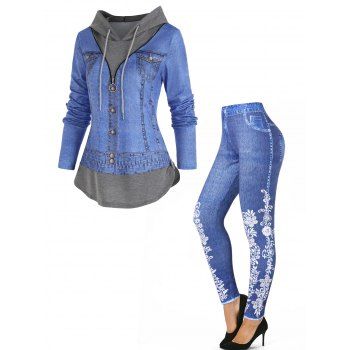 

3D Print Faux Twinset Hooded T Shirt And Flower Faux Denim Jeggings Casual Outfit, Blue