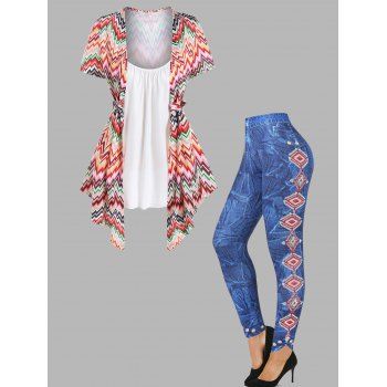 

Colorful Chevron Print Faux Twinset T Shirt And Tribal Geometric Embroidery Denim 3D Print Jeggings Casual Outfit, Multicolor