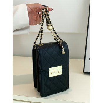 

PU Rhombus Textured Chain Crossbody Bag, Black
