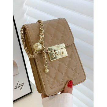 

PU Rhombus Textured Chain Crossbody Bag, Wood