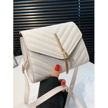 

Solid Color V Topstitching Tassel Adjustable Strap Crossbody Bag, White