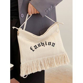 

Letter Print Fringe Crossbody Canvas Bag, Warm white