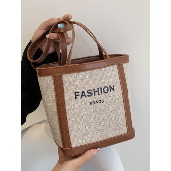 

Letter Print Colorblock Zipper Handbag, Brown