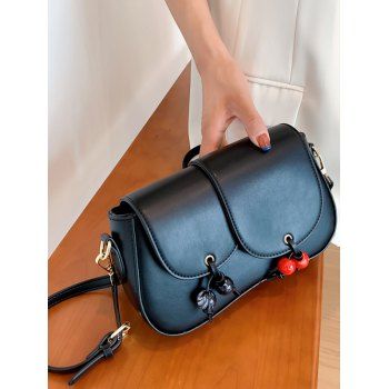 

Solid Color Cherry Pendants Magnetic Closure Adjustable Strap PU Crossbody Bag, Black