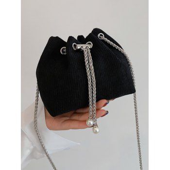 

Artificial Pearl Adjustable Chain Corduroy Crossbody Bucket Bag, Black