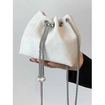 

Artificial Pearl Adjustable Chain Corduroy Crossbody Bucket Bag, White