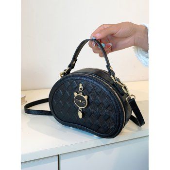 

Cute Cat Embellishment Argyle Textured PU Adjustable Strap Crossbody Bag, Black