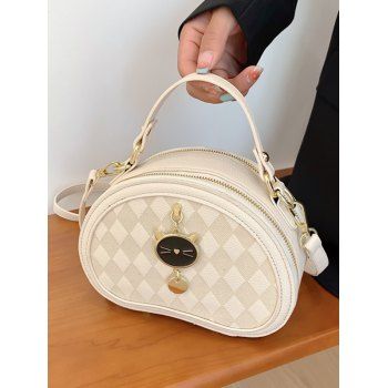 

Cute Cat Embellishment Argyle Textured PU Adjustable Strap Crossbody Bag, Warm white