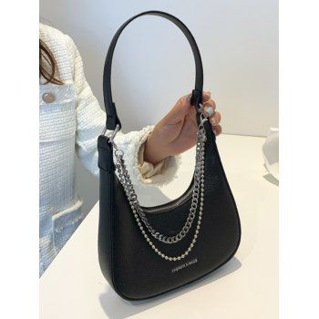 

Litchi Grain Embossed Solid Color Chain Zipper PU Shoulder Bag, Black