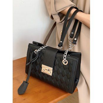 

Rhombus Print PU Shoulder Bag, Black