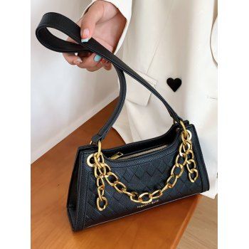 

Rhombus Print Zipper Chain Shoulder Bag, Black