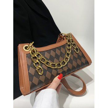 

Rhombus Print Zipper Chain Shoulder Bag, Brown