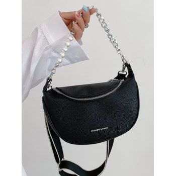 

Chian Faux Pearl Solid Color Litchi Grain Embossed PU Handbag Crossbody Bag, Black