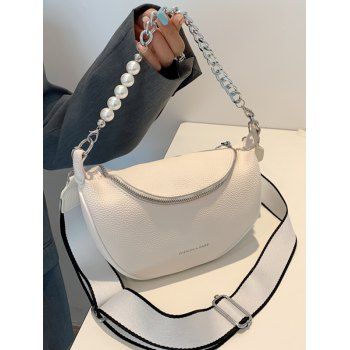 

Chian Faux Pearl Solid Color Litchi Grain Embossed PU Handbag Crossbody Bag, White