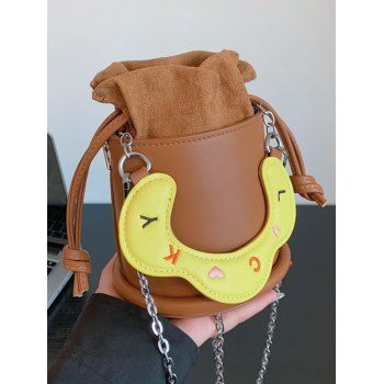 

Cute Letter Drawstring PU Chain Crossbody Bucket Bag, Wood