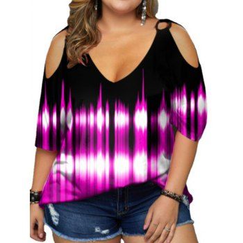 

Plus Size T Shirt Printed T Shirt Cold Shoulder Plunging Neck O Ring Casual Tee, Red