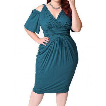 

Plus Size Dress Solid Color Dress High Waisted Plunging Neck Ruched Midi Bodycon Dress, Blue