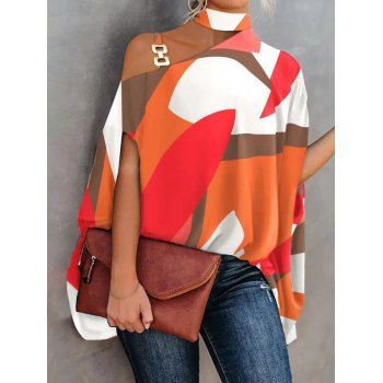 

Bright Colorblock High Low Top Batwing Sleeve Skew Neck Metal Buckle Loose Top, Orange