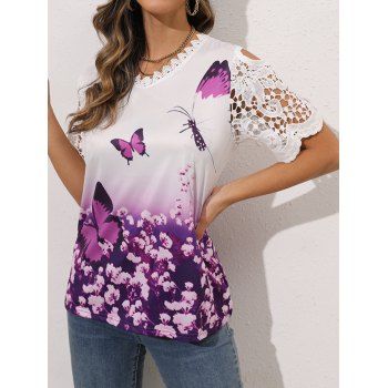 

Butterfly Flower Print T Shirt Ombre T Shirt Lace Panel Cut Out Scalloped V Neck Tee, Concord