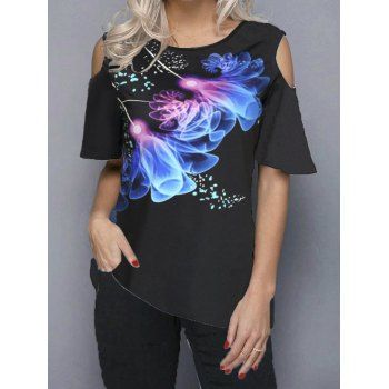 

Printed T Shirt Cold Shoulder T Shirt Round Neck Short Sleeve Casual Tee, Black