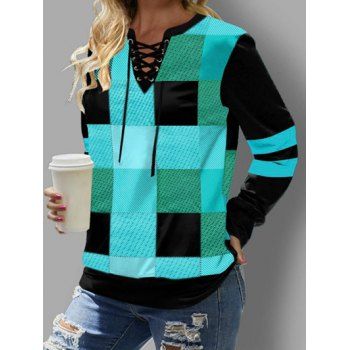 

Colorblock Checkered Stripe Print Sweatshirt Lace Up Long Sleeve Sweatshirt, Green