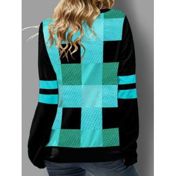 Colorblock Checkered Stripe Print Sweatshirt Lace Up Long Sleeve Sweatshirt
