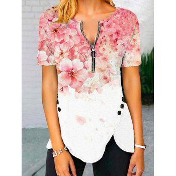 

Flower Print T Shirt Half Zipper Mock Button Slit Summer Casual Tee, Red