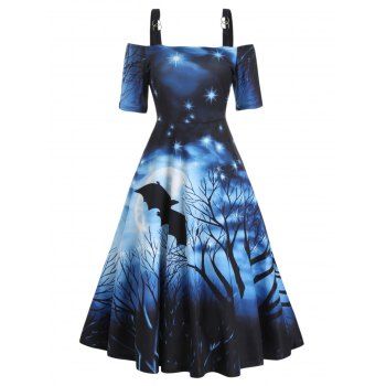 

Halloween Bat Moon Night Print Midi Dress Cold Shoulder O Ring Strap High Waist Dress, Deep blue