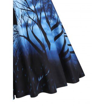 Halloween Bat Moon Night Print Midi Dress Cold Shoulder O Ring Strap High Waist Dress