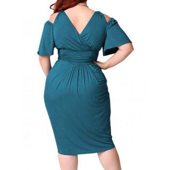 Plus Size Dress Solid Color Dress High Waisted Plunging Neck Ruched Midi Bodycon Dress