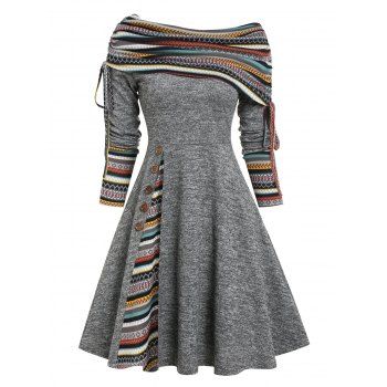 

Convertible Neck Cinched Striped Flare A Line Dress, Dark gray