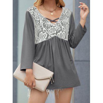 

Heather T Shirt Hollow Out Lace Panel Crisscross High Waisted Long Sleeve Tee, Gray