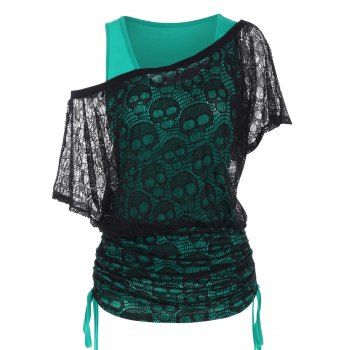 

Gothic T Shirt Colorblock Faux Twinset T Shirt Cinched Skull Lace Skew Neck Longline Tee, Light green