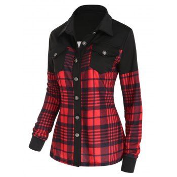 

Plaid Print Shirt Colorblock Panel Long Sleeve Shirt Pockets Button Up Shirt, Red