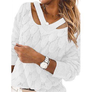 

Geometric Print Sweater Hollow Out Cut Out Long Sleeve Casual Sweater, White