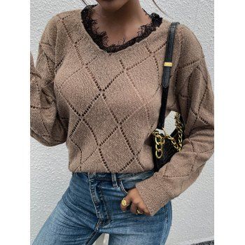

Geometric Pattern Sweater Lace Insert Hollow Out Long Sleeve Sweater, Light coffee