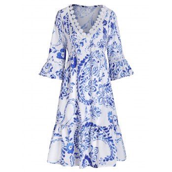 

Contrast Flower Allover Print Mini Dress Crochet Lace Ruffles Flounce Hem Tunic Dress, White