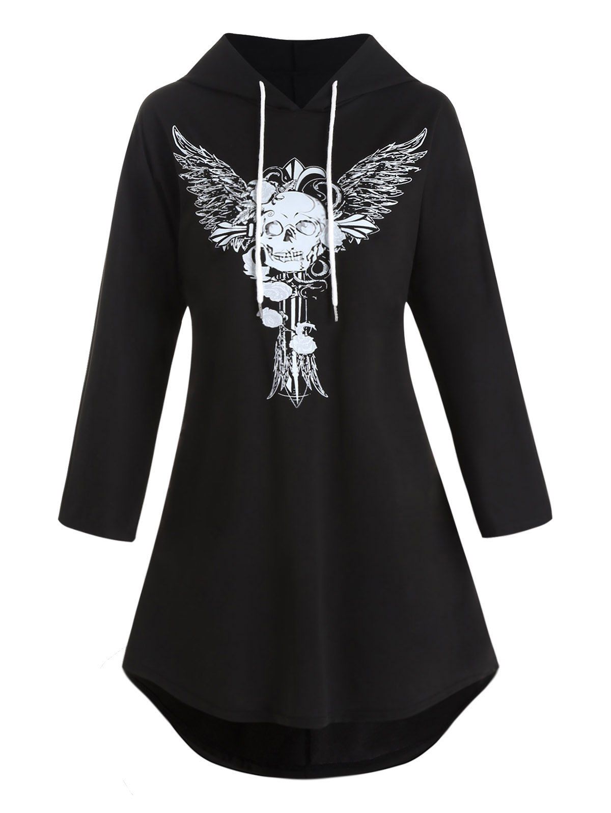 Gothic Hoodie Skull Wing Print Long Sleeve Halloween Sweatshirt With Hooded - BLACK XXL